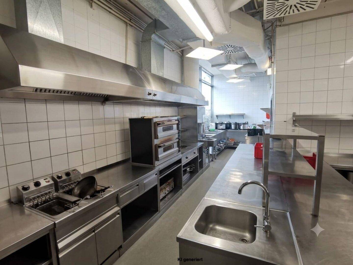 Professionelle Großküche mit Edelstahlausstattung, mehreren Öfen und Fritteusen.