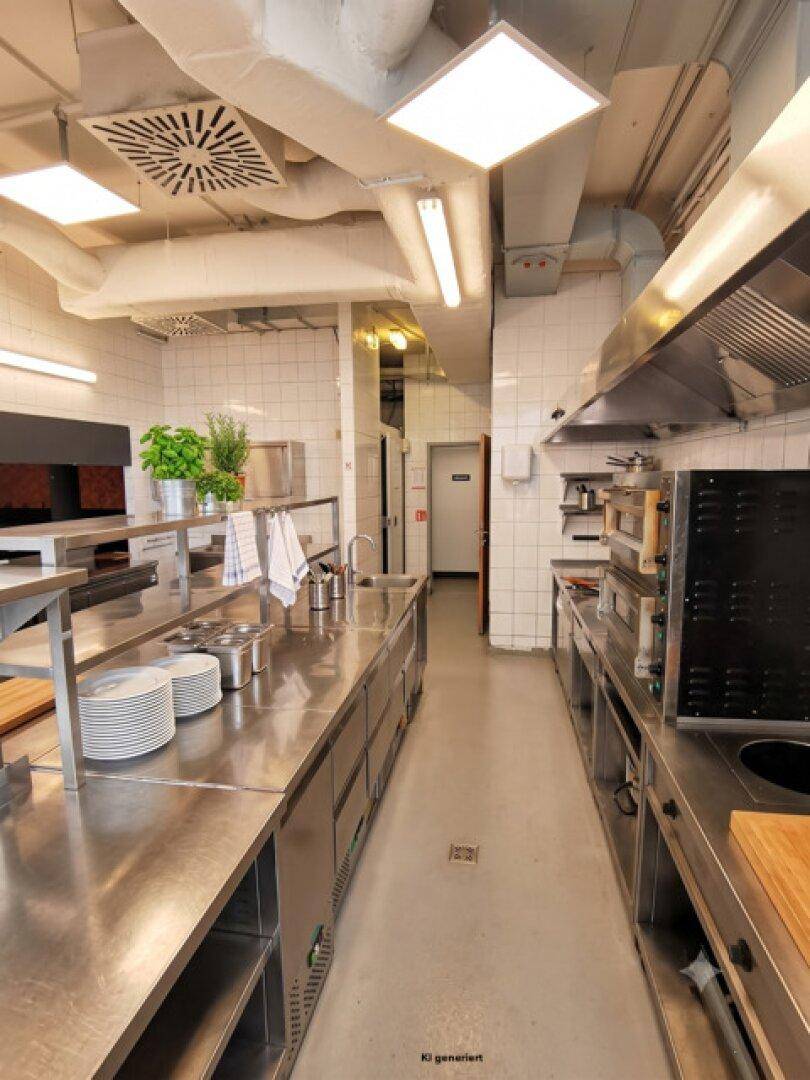 Professionelle Gewerbeküche mit Edelstahlflächen, effizienter Lüftung und funktionaler Ausstattung für den Gastronomiebetrieb.