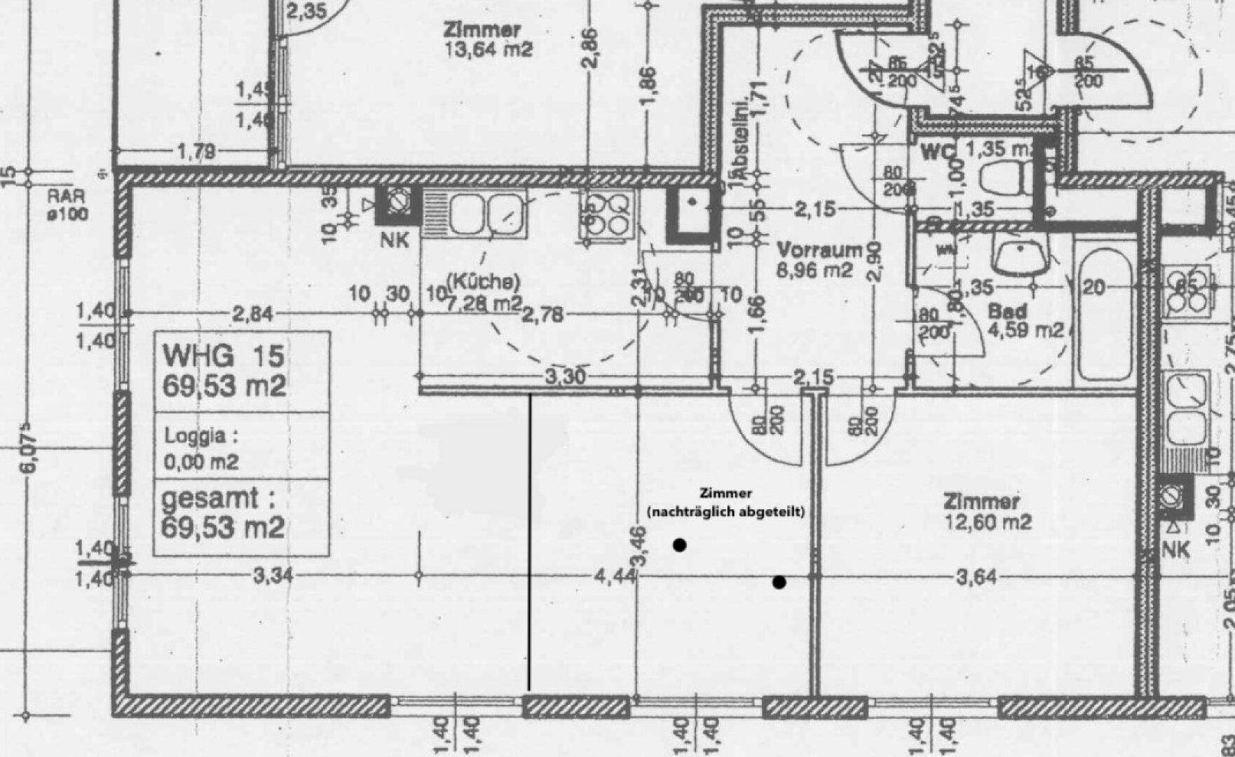 Grundriss der Wohnung WHG 15 mit Küche, Bad und mehreren Zimmern auf 69,53 m².