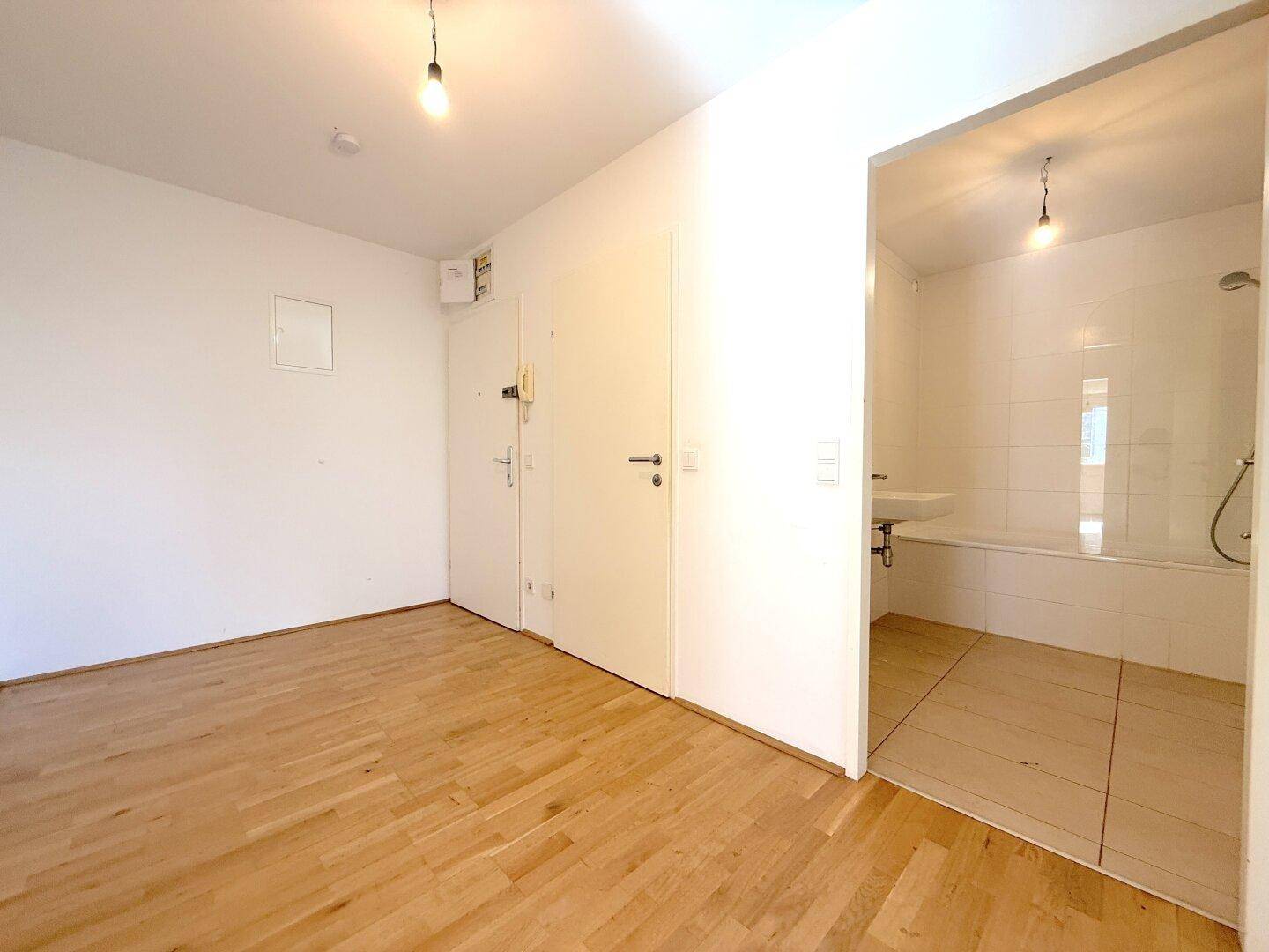 Eingangsbereich mit Holzboden, der direkt zum Badezimmer mit Badewanne führt.
