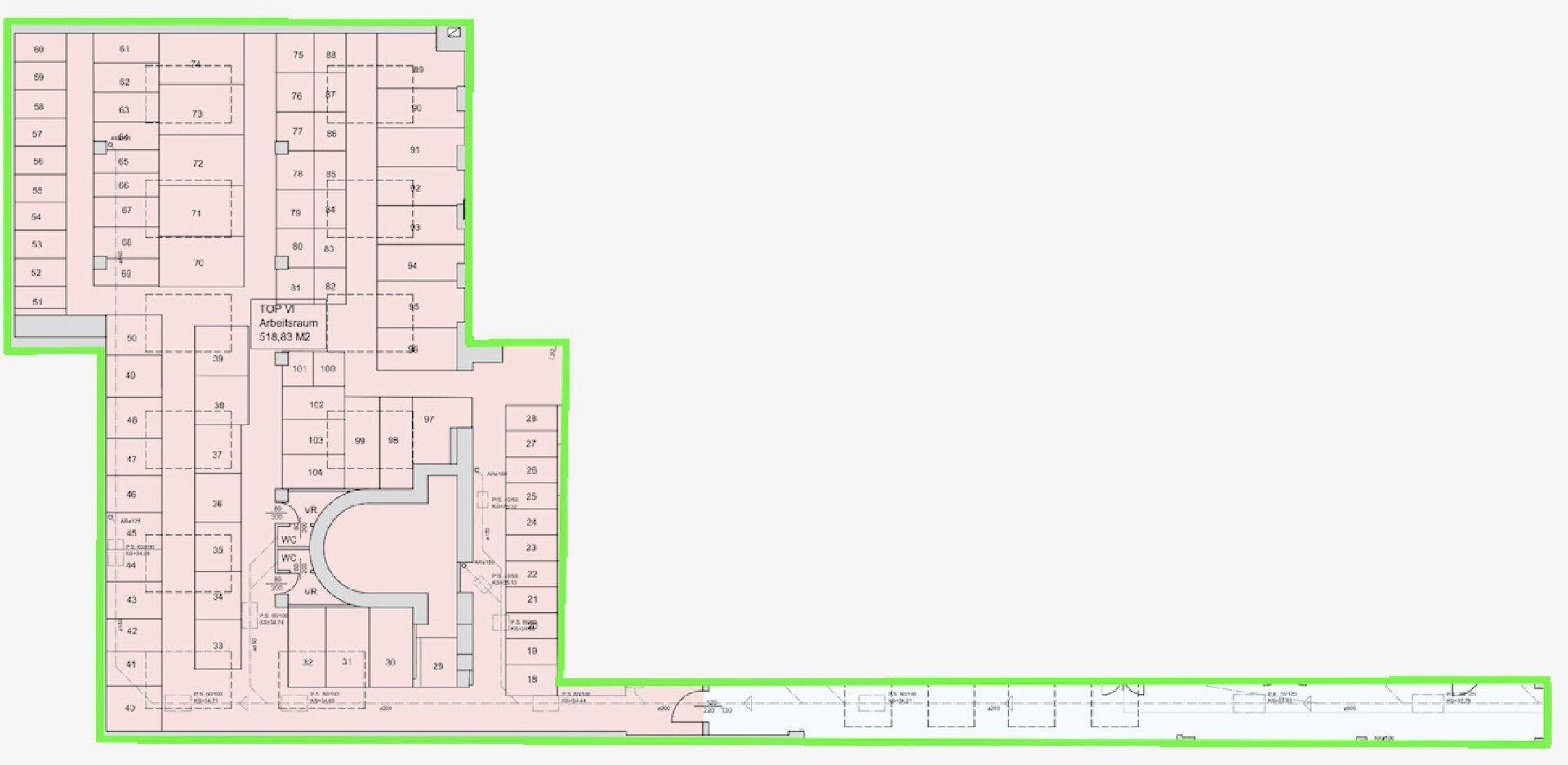 Detaillierter Grundriss eines Lagerbereichs mit zahlreichen nummerierten Lagereinheiten und einem Arbeitsraum.