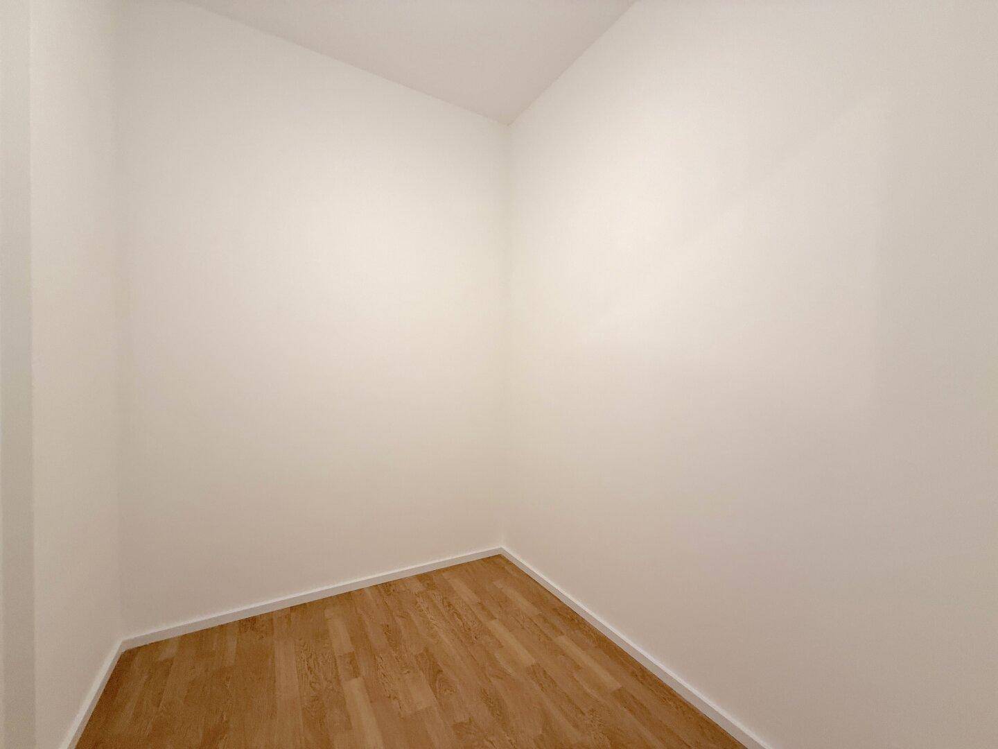 Kleiner, leerer Raum mit Laminatboden, ideal als Abstellkammer oder Vorratsraum.