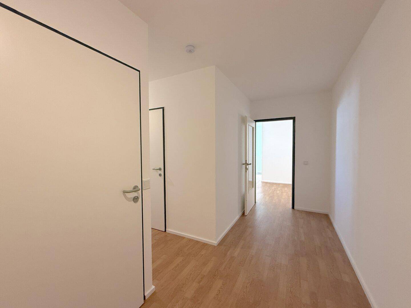 Heller Flur mit Laminatboden und mehreren Türen zu den angrenzenden Räumen.