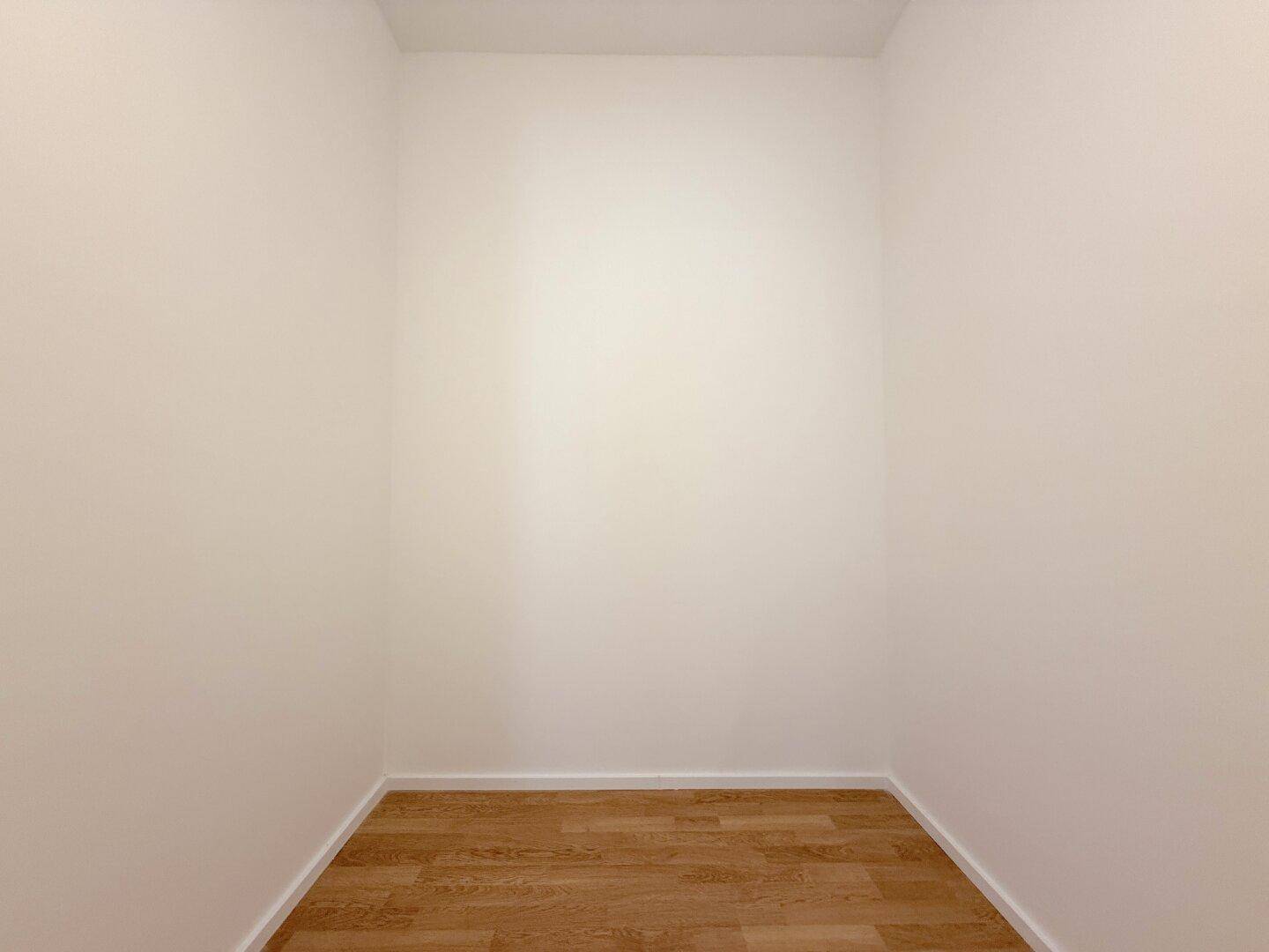 Kleiner, leerer Raum mit Laminatboden und weißen Wänden, ideal als Abstellraum.