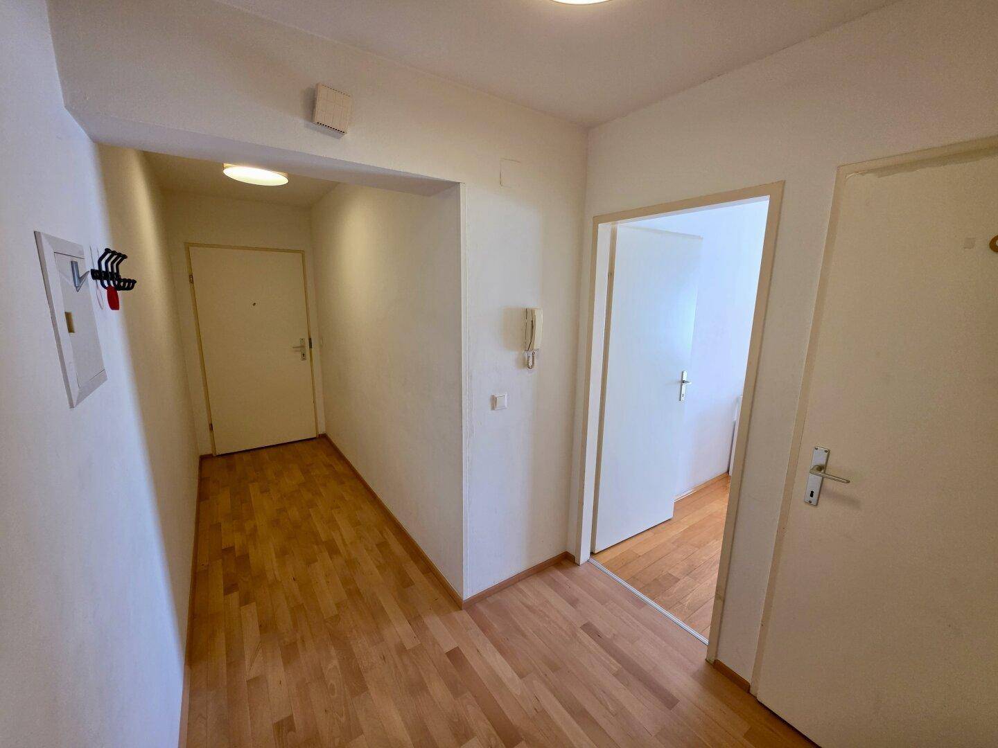 Geräumiger Flur mit Parkettboden, Gegensprechanlage und Zugang zu mehreren Wohnbereichen.