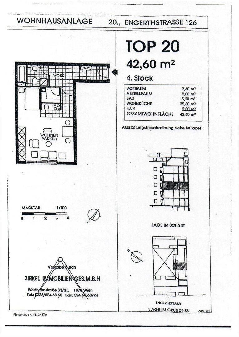Grundriss der Wohnung Top 20 mit 42,60 m² im 4. Stock.