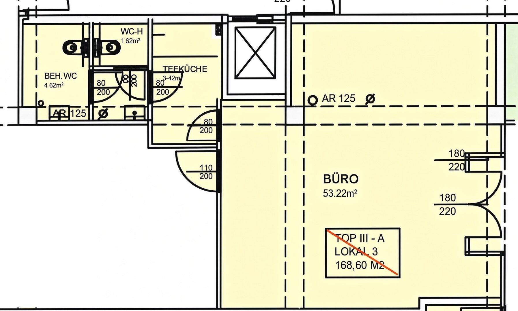 Grundrissplan zeigt ein Büro, eine Teeküche und zwei Toiletten auf einer Fläche von 168,60 m².