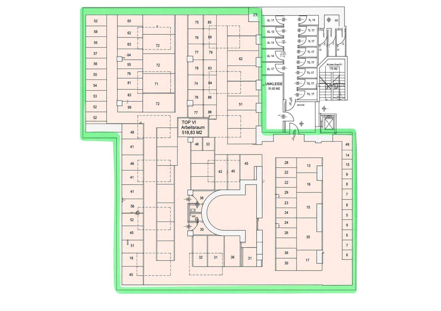 Grundrissplan eines Arbeitsraums mit mehreren kleinen Einheiten und einem Gemeinschaftsbereich.