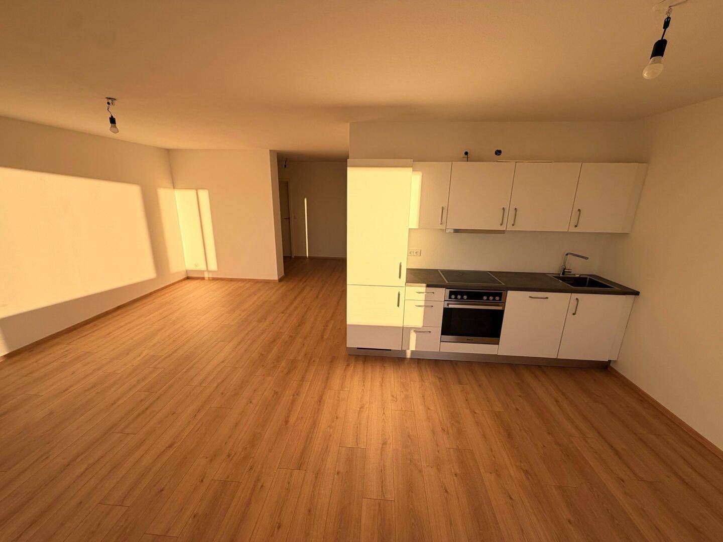 Heller Wohnbereich mit Laminatboden und integrierter Küchenzeile in modernem Design.