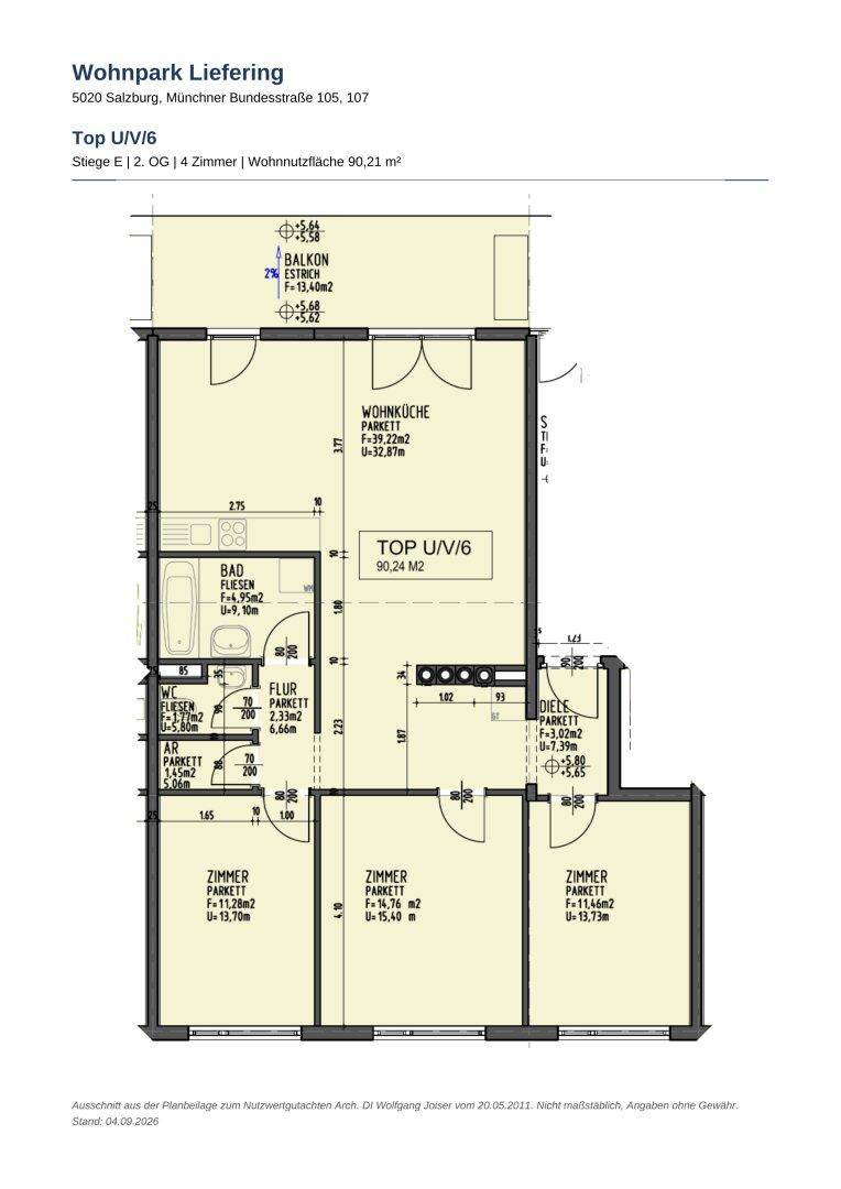 Detaillierter Grundriss der Wohnung Top U/V/6 mit 90,21 m² Wohnnutzfläche und Balkon.
