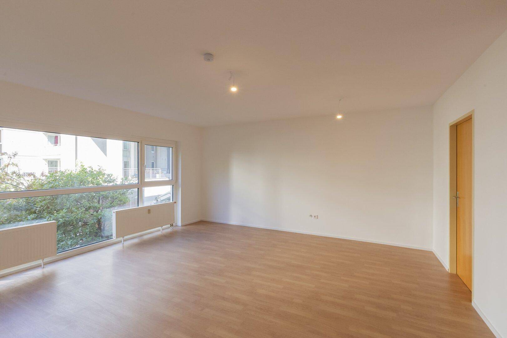 Heller Wohnbereich mit Laminatboden und einer Holztür, bereit zur individuellen Gestaltung.