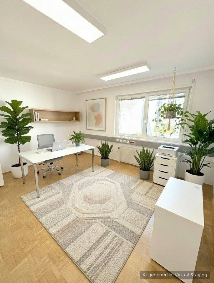 Modern eingerichtetes Büro mit Schreibtisch, Pflanzen und großem Teppich, ideal für konzentriertes Arbeiten.