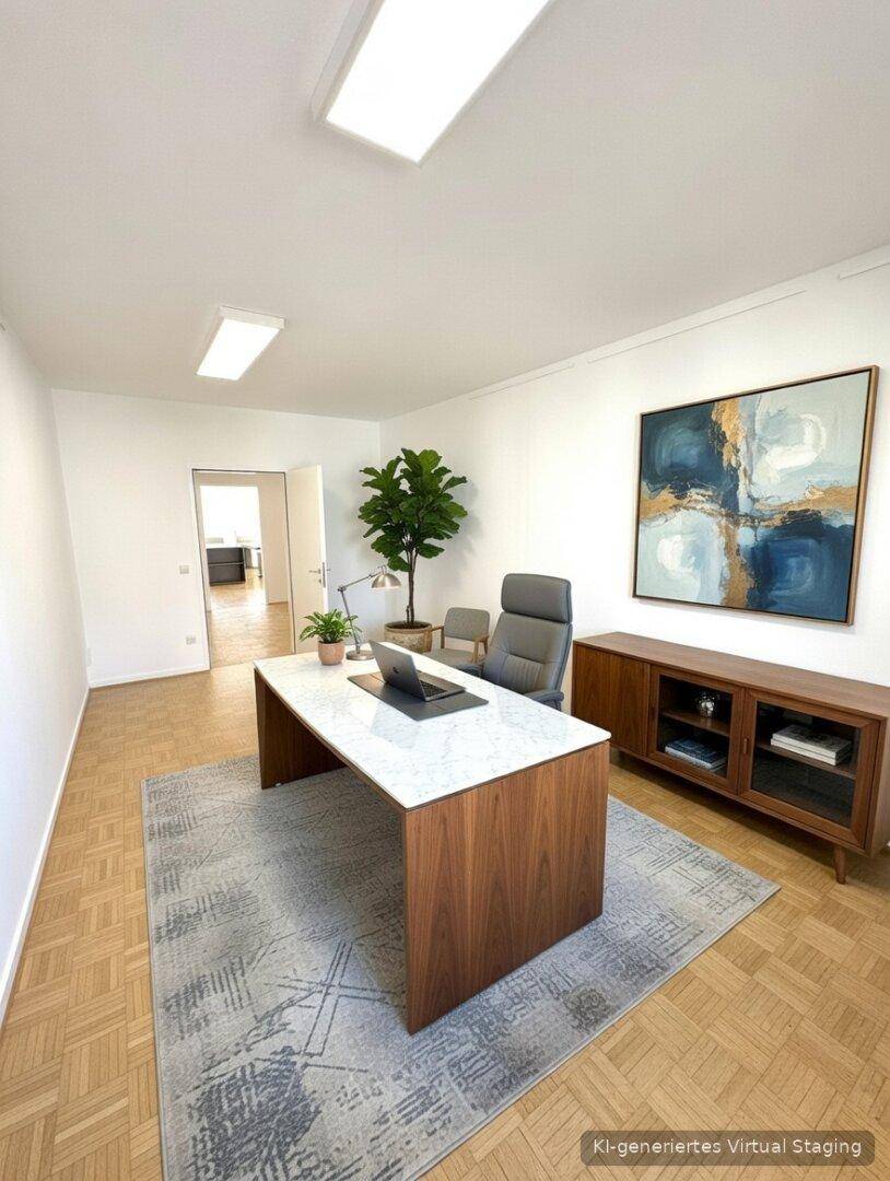 Elegantes Chefbüro mit großem Schreibtisch, Ledersessel und Kunstwerk, virtuell inszeniert.