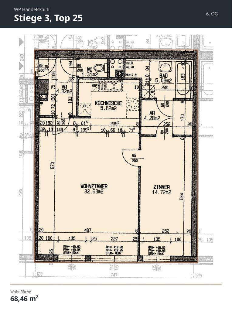 Detaillierter Grundriss einer Wohnung mit Wohnzimmer, Schlafzimmer und Kochnische.