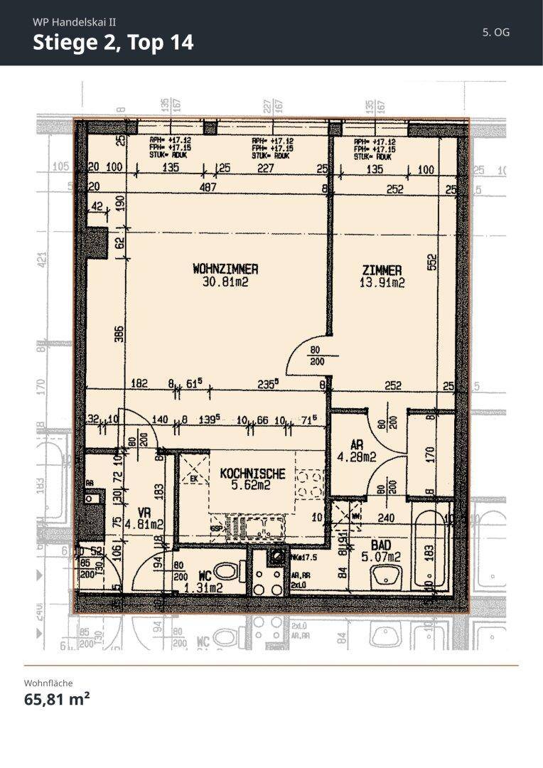 Grundriss einer Wohnung mit Wohnzimmer, Zimmer, Kochnische und Bad auf 65,81 m².