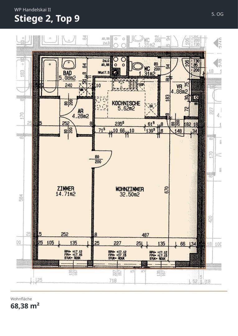 Grundriss der Wohnung mit Zimmern, Kochnische und Badezimmer, Gesamtfläche 68,38 m².