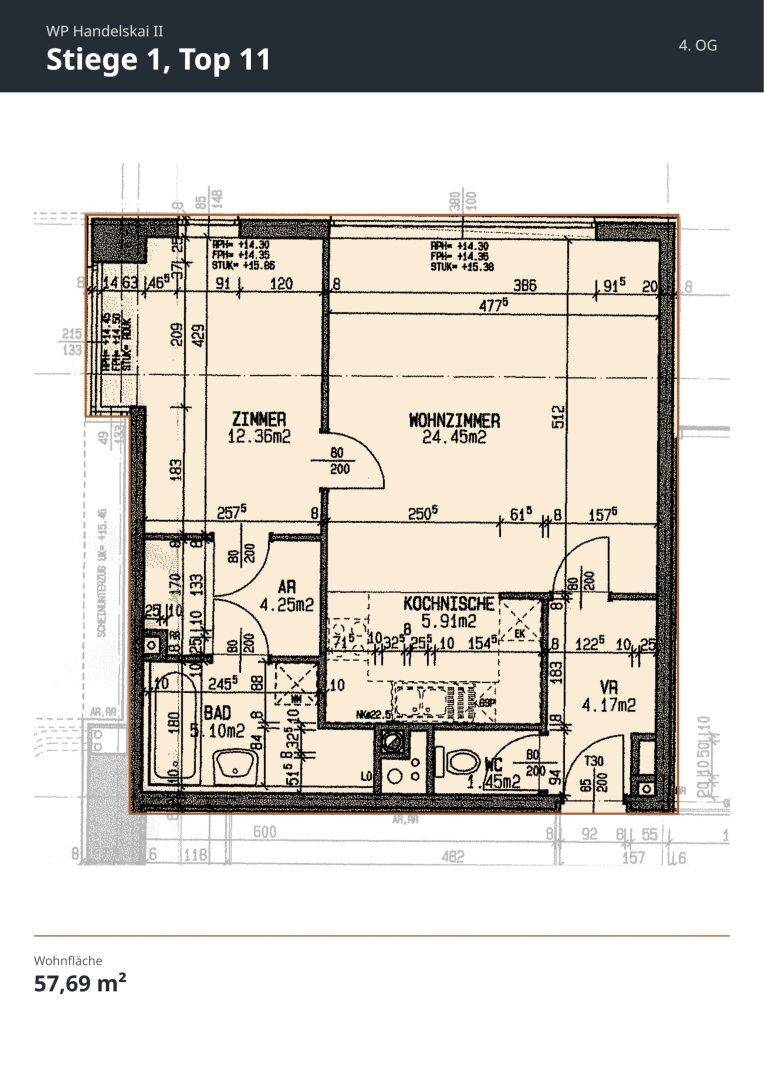 Grundriss einer Wohnung mit Wohnzimmer, Zimmer, Kochnische und Bad.