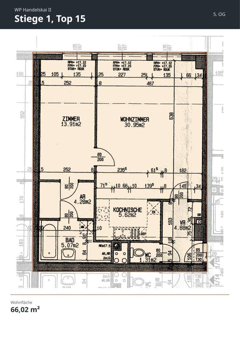 Grundriss der Wohnung mit separatem Zimmer, Wohnzimmer, Kochnische, Bad und WC.