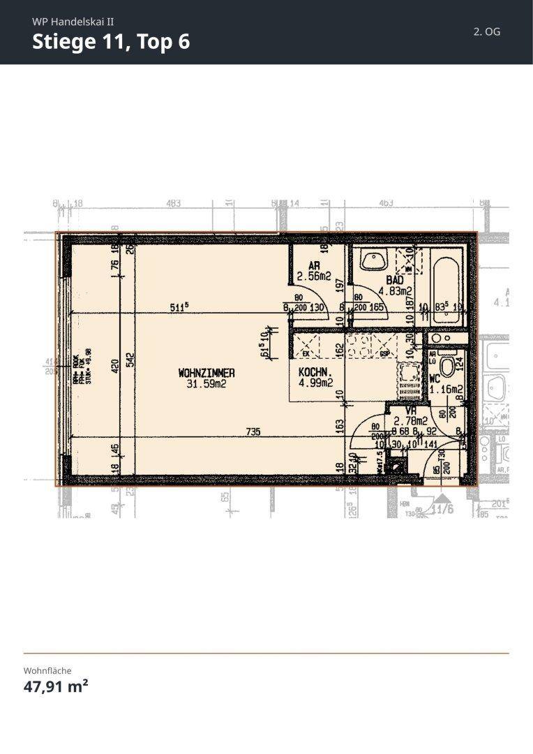 Grundriss einer Wohnung mit Wohnzimmer, Küche, Bad und separatem WC, Gesamtfläche 47,91 m².