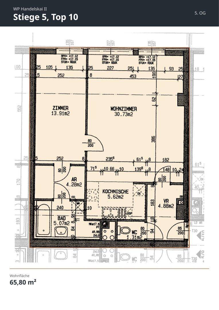 Detaillierter Grundriss einer Wohnung mit separaten Zimmern, Kochnische und Bad.