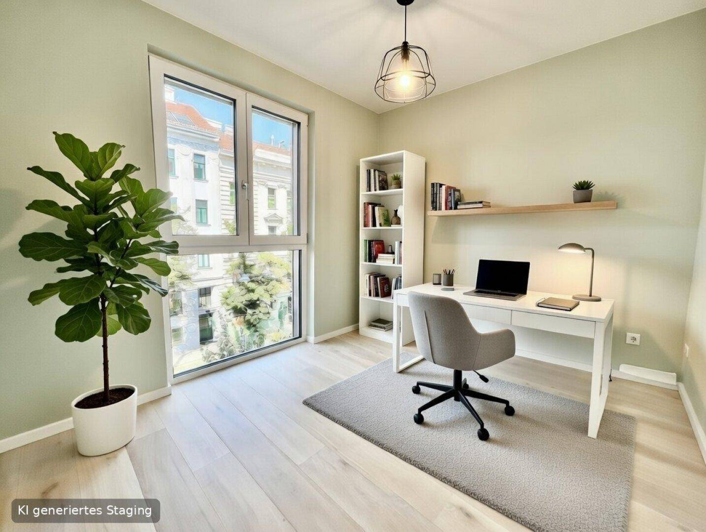 Modernes Arbeitszimmer mit Schreibtisch, Bücherregal und großem Fenster, das viel Tageslicht hereinlässt.