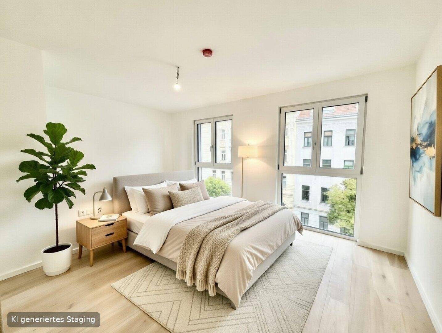 Helles Schlafzimmer mit Doppelbett, Holzboden und großen Fenstern, die eine angenehme Atmosphäre schaffen.