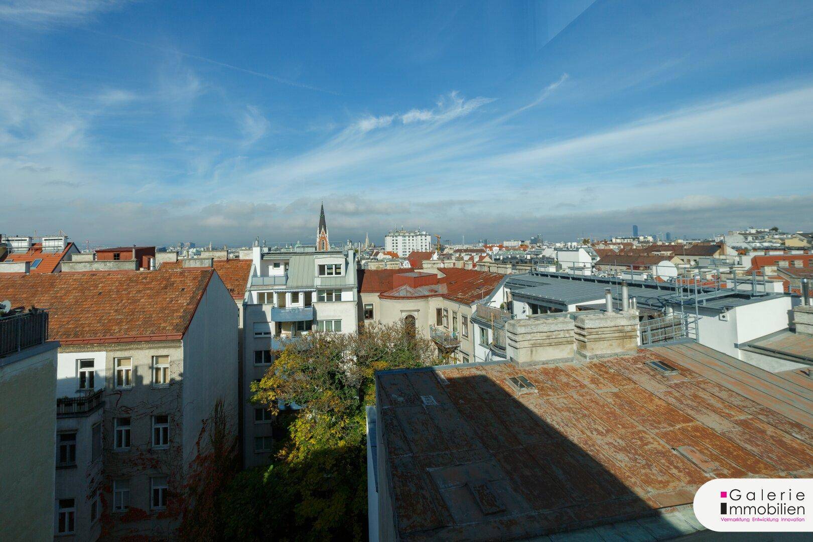 Weitläufiger Blick über die Dächer der Stadt mit einem Mix aus historischen und modernen Gebäuden.