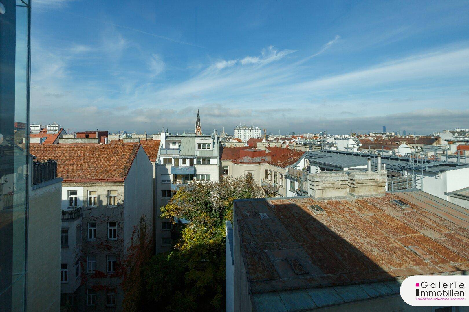 Panoramablick über die Stadt mit historischen Gebäuden und weitem Horizont unter blauem Himmel.