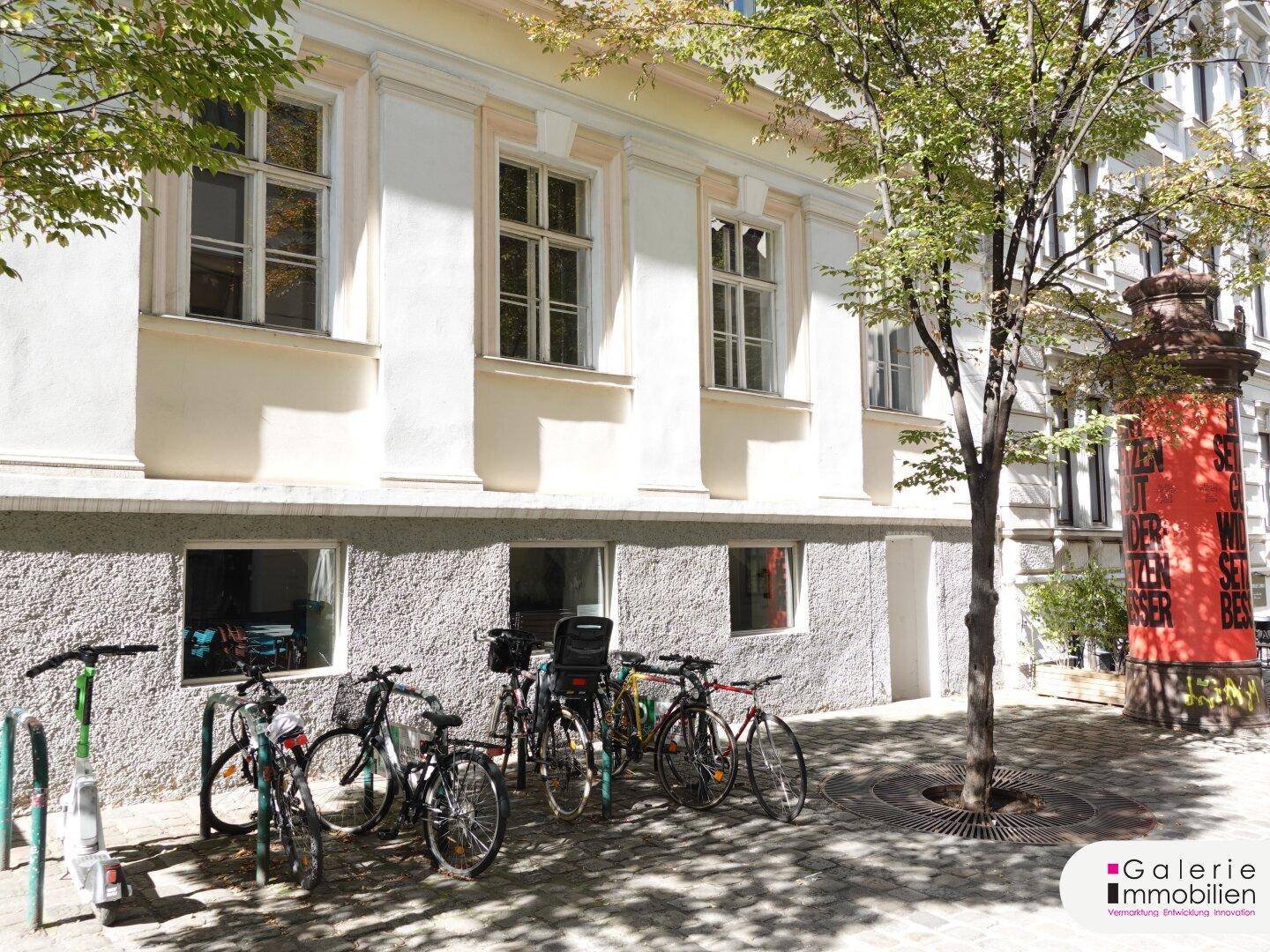 Historische Fassade mit großen Fenstern und einem Baum, der Schatten auf den Gehweg wirft.
