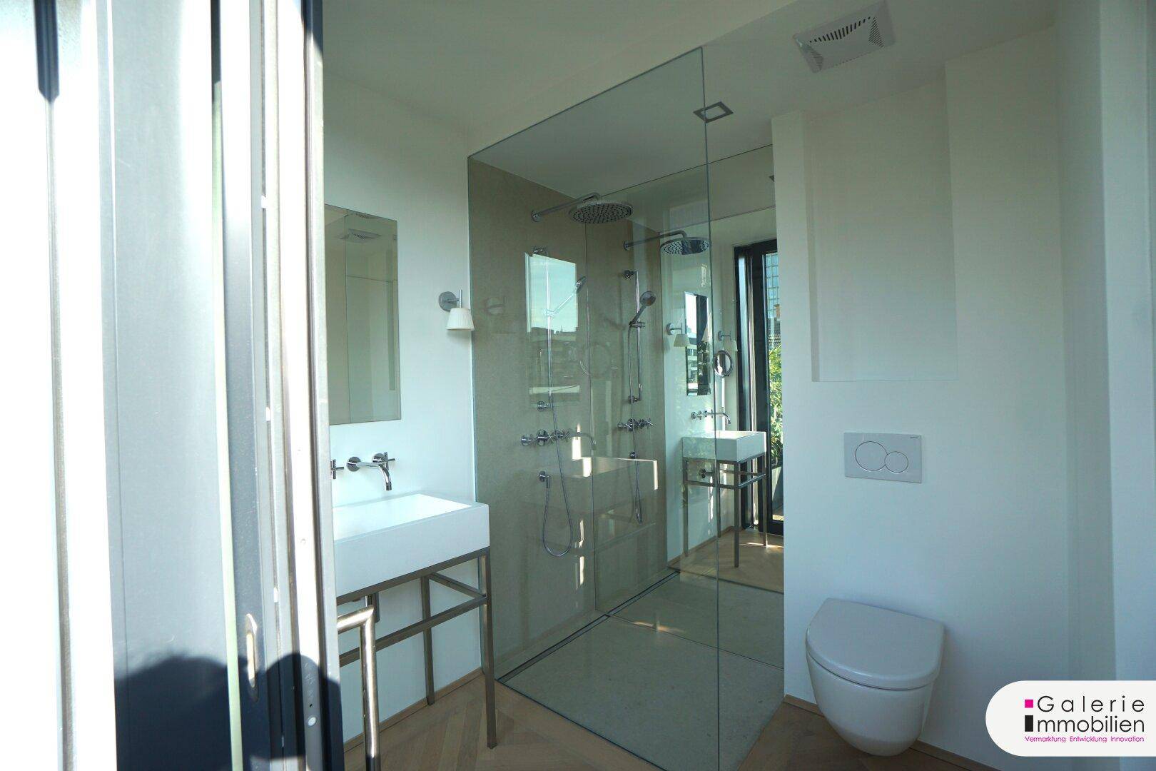 Modernes Badezimmer mit begehbarer Glasdusche, elegantem Waschbecken und Wand-WC.