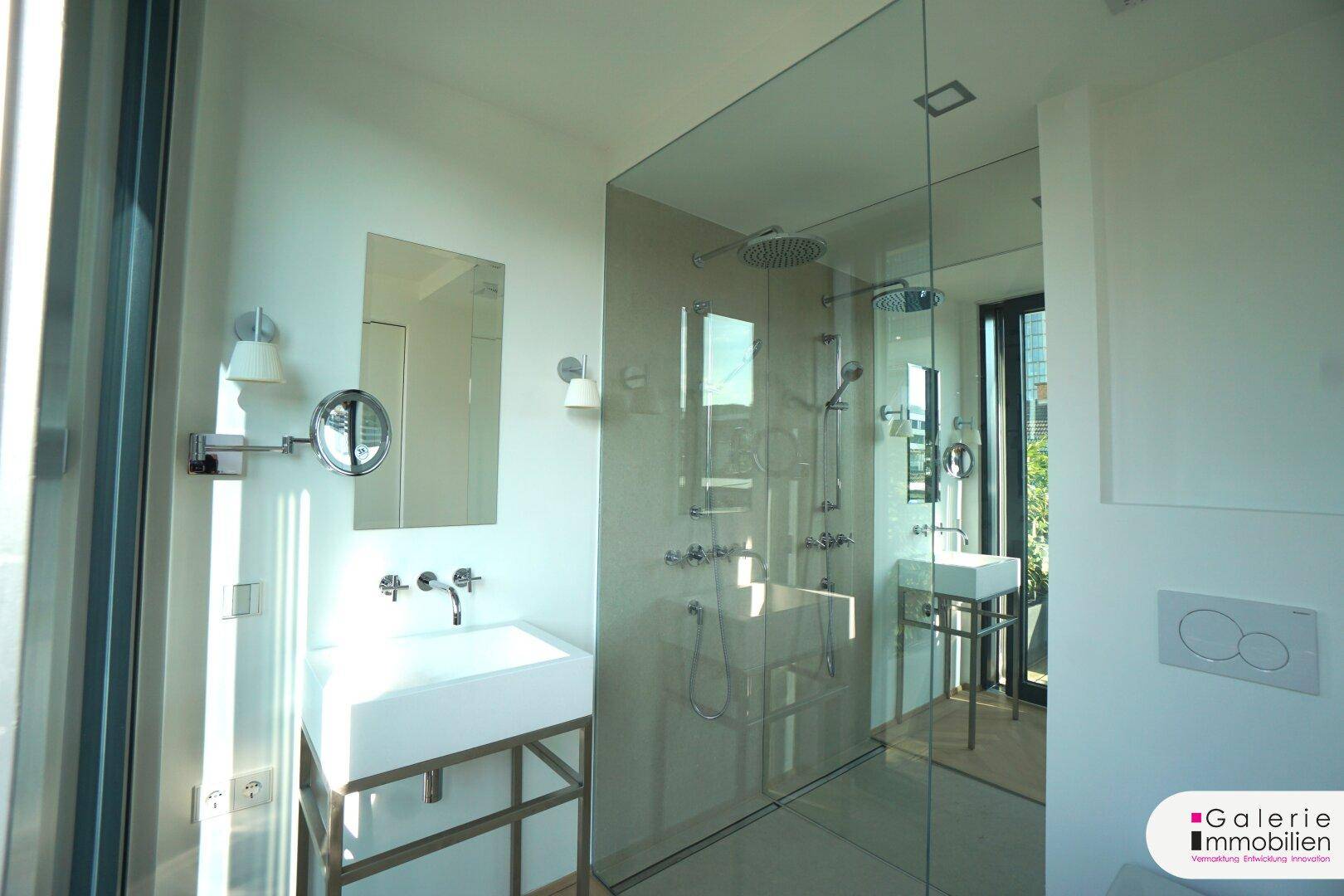 Modernes Badezimmer mit begehbarer Glasdusche, elegantem Waschbecken und Wand-WC.