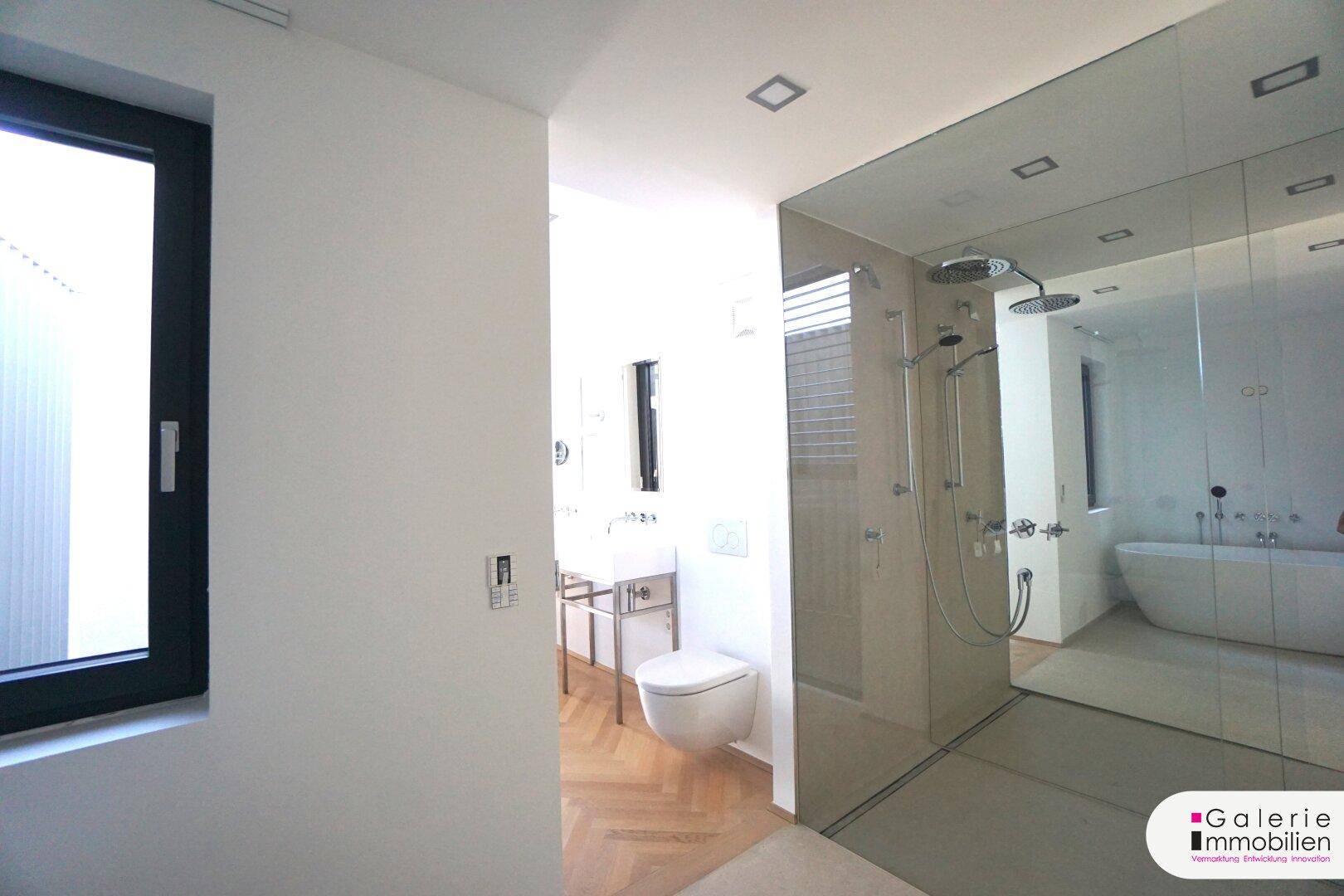 Moderner Badezimmerbereich mit WC, Waschbecken und Blick auf eine freistehende Badewanne.