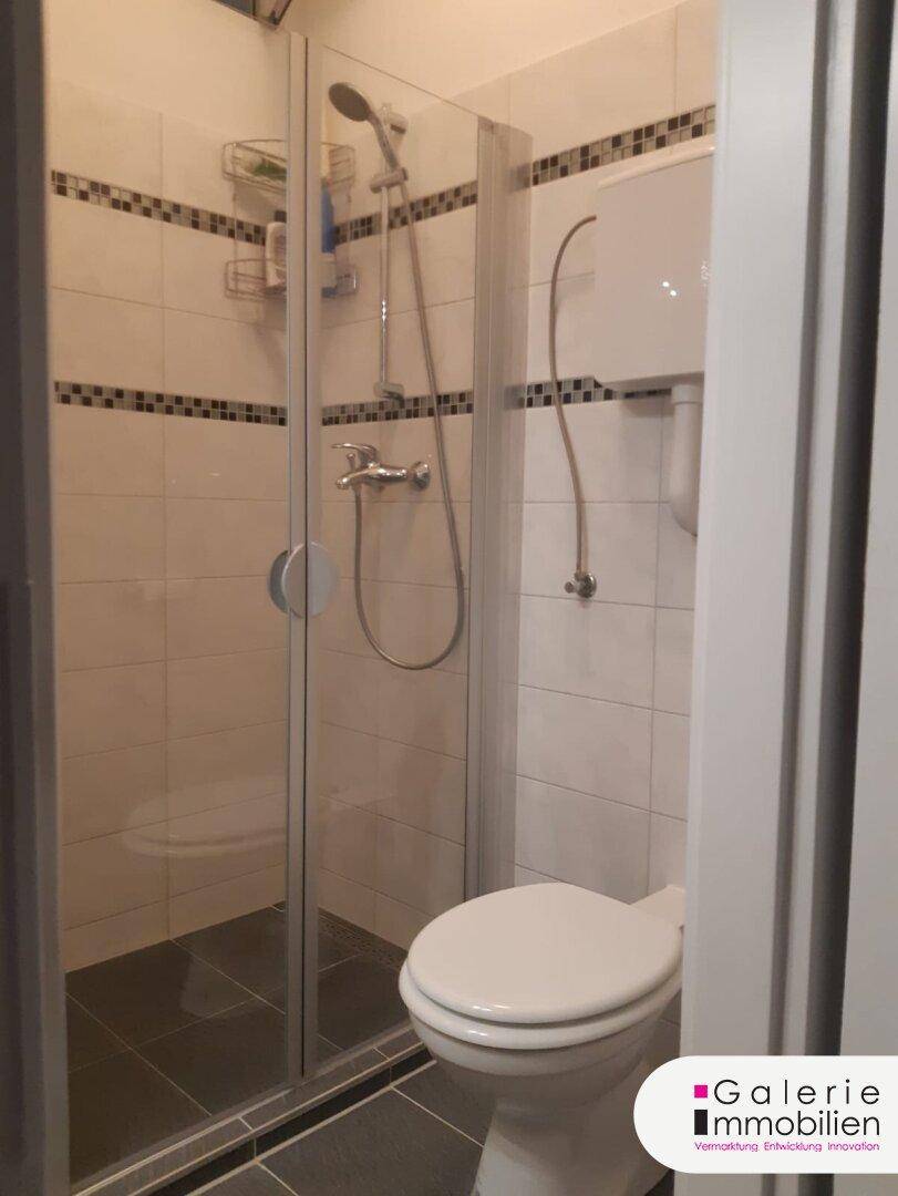 Badezimmer mit Duschkabine und Toilette, gefliest in Weiß und Grau.