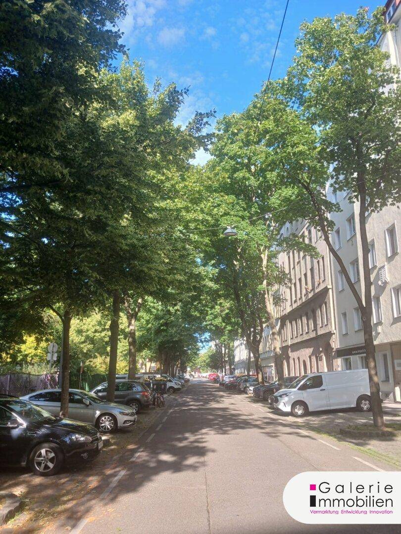 Baumgesäumte Straße mit parkenden Autos und Wohngebäuden unter blauem Himmel.
