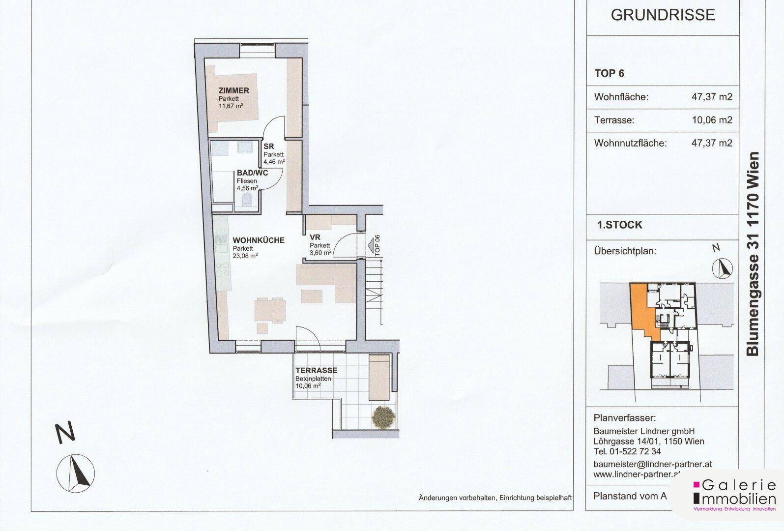 Grundriss der Wohnung TOP 6 im 1. Stock mit Wohnküche, Zimmer und Terrasse.