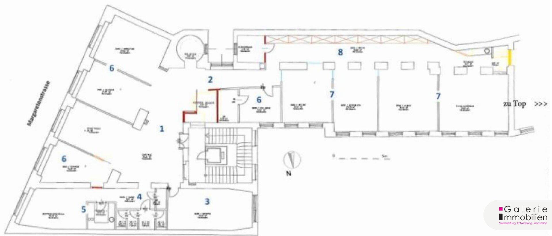 Grundrissplan der Etage mit verschiedenen Räumen und der Margaretenstraße.