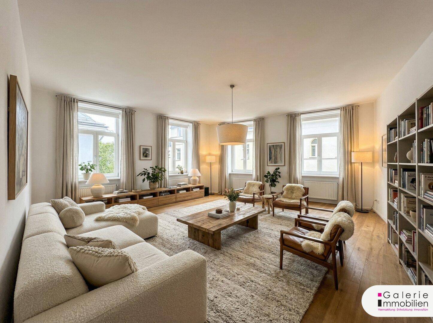 Geräumiges Wohnzimmer mit hellem Parkettboden, gemütlichen Möbeln und großen Fenstern für viel Tageslicht.