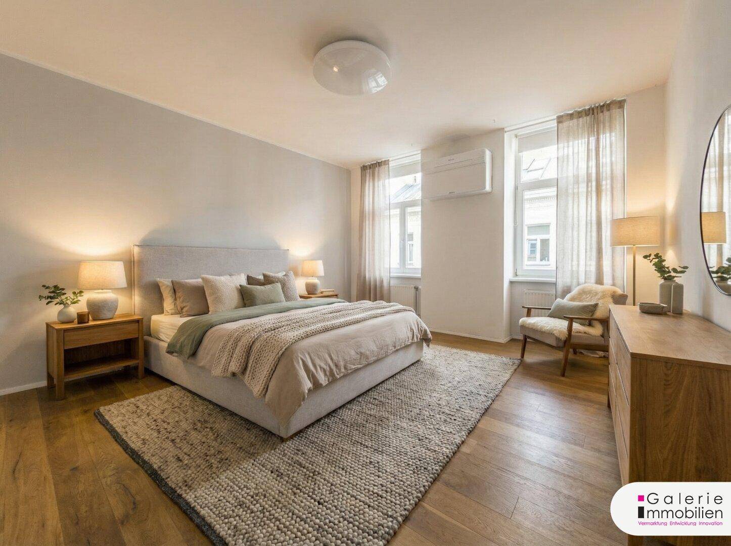 Gemütliches Schlafzimmer mit Doppelbett, Holzparkett, Klimaanlage und Vorhängen für Privatsphäre.