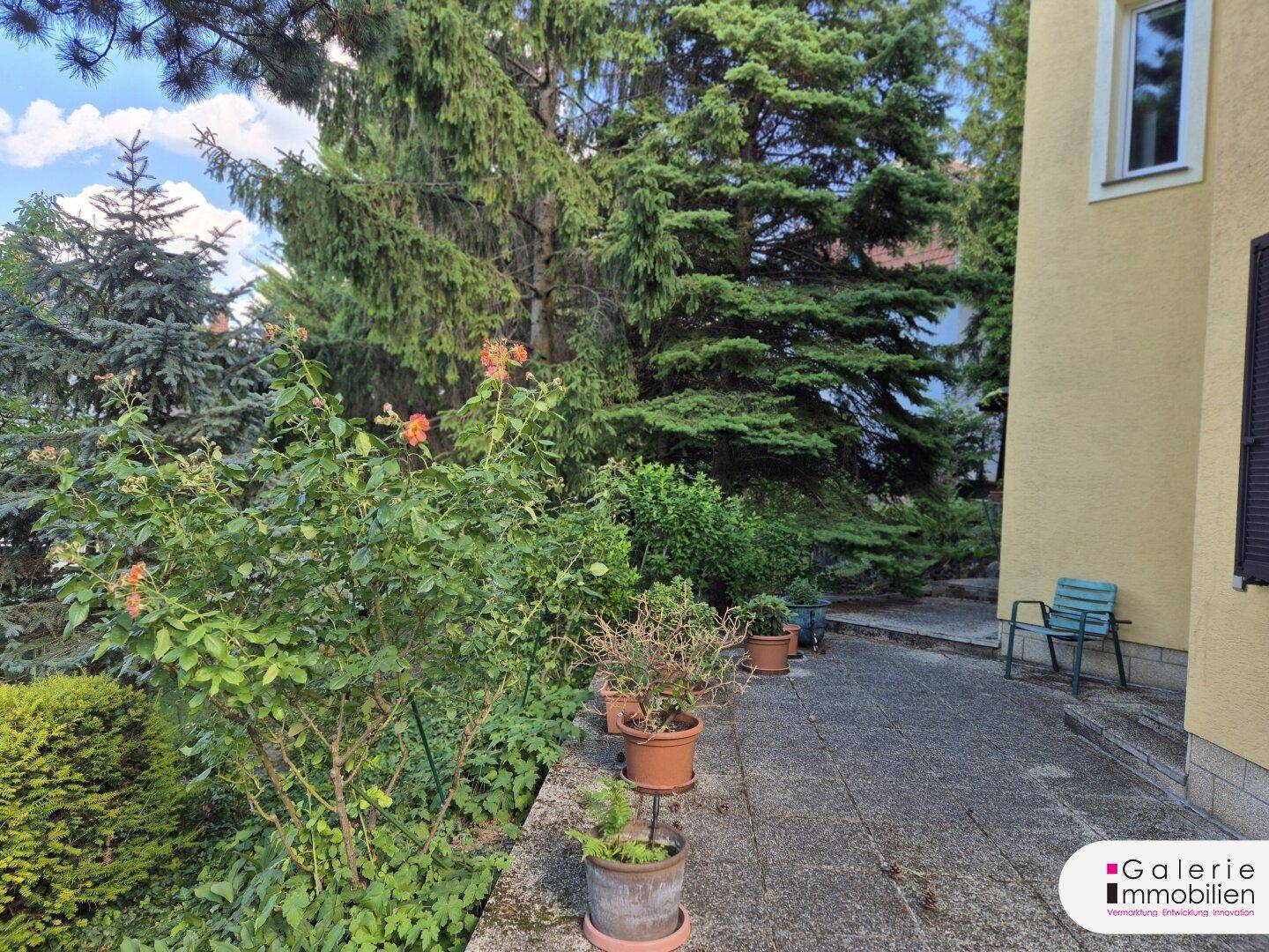 Gepflasterte Terrasse mit Topfpflanzen und üppigem Grün, ideal zum Entspannen im Freien.