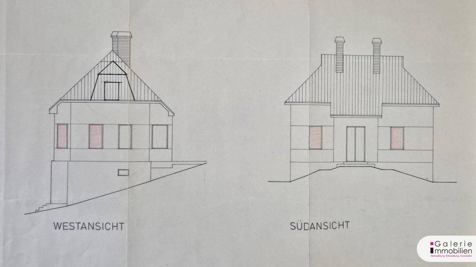 Architektonische Ansichten des Hauses von Westen und Süden mit Dach und Fenstern.