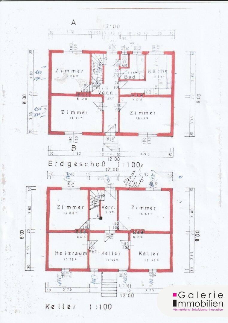 Grundrisspläne für Erdgeschoss und Keller mit Zimmern, Bad und Küche.