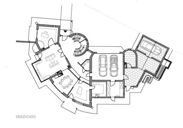Grundriss des Erdgeschosses mit Wohnbereich, Esszimmer, Küche und Doppelgarage.