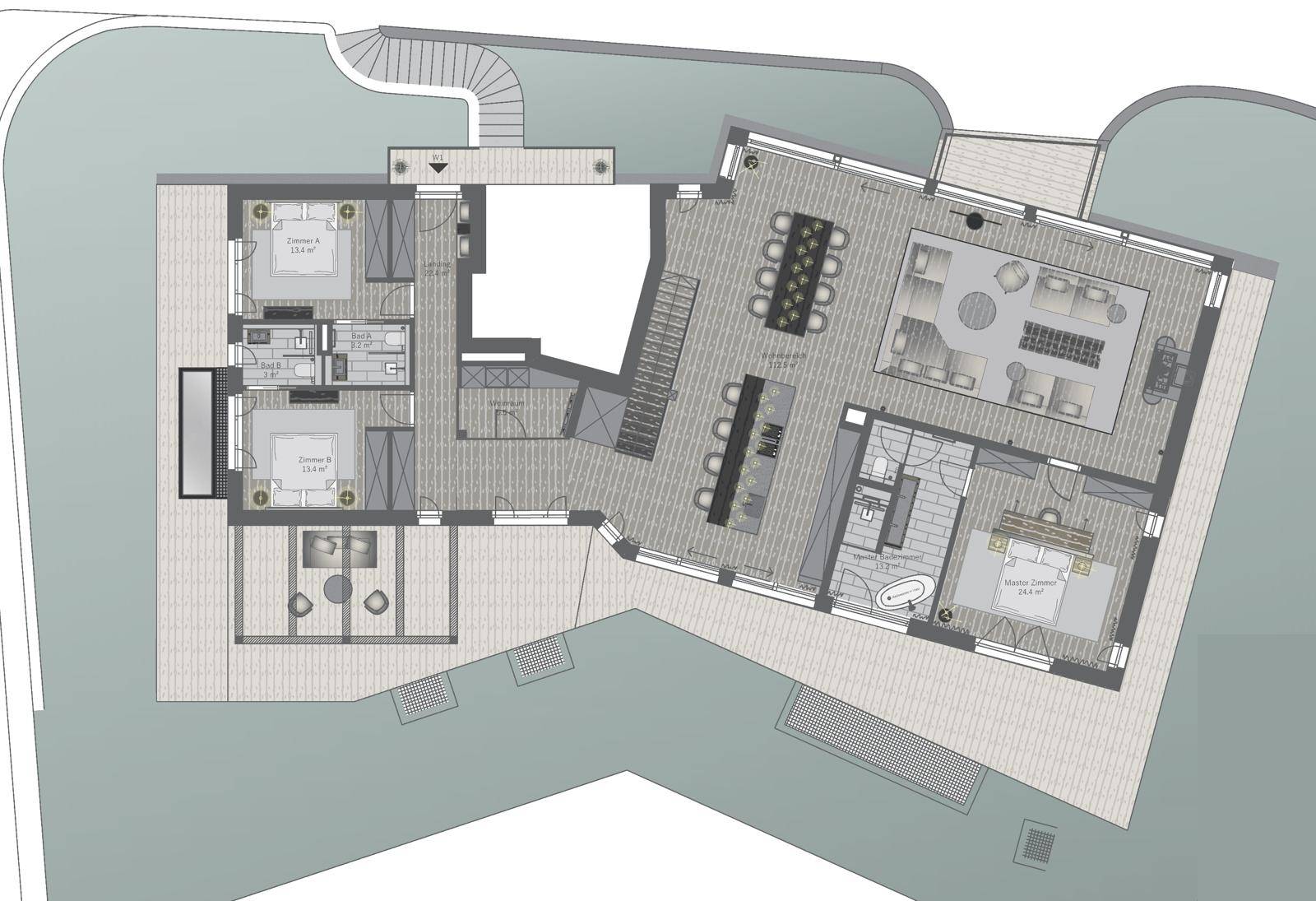 Grundriss des Obergeschosses mit Schlafzimmern, Bädern und offenem Wohnbereich.