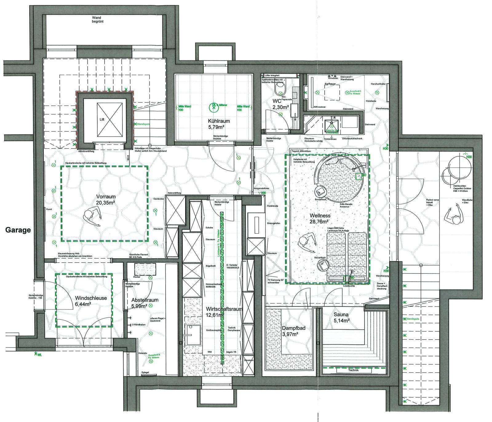 Grundriss des Untergeschosses mit Wellnessbereich, Sauna, Dampfbad und Garage.