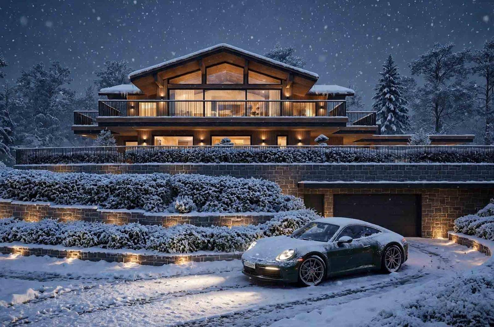 Luxuriöse Villa in winterlicher Schneelandschaft mit beleuchteter Auffahrt und Garage.
