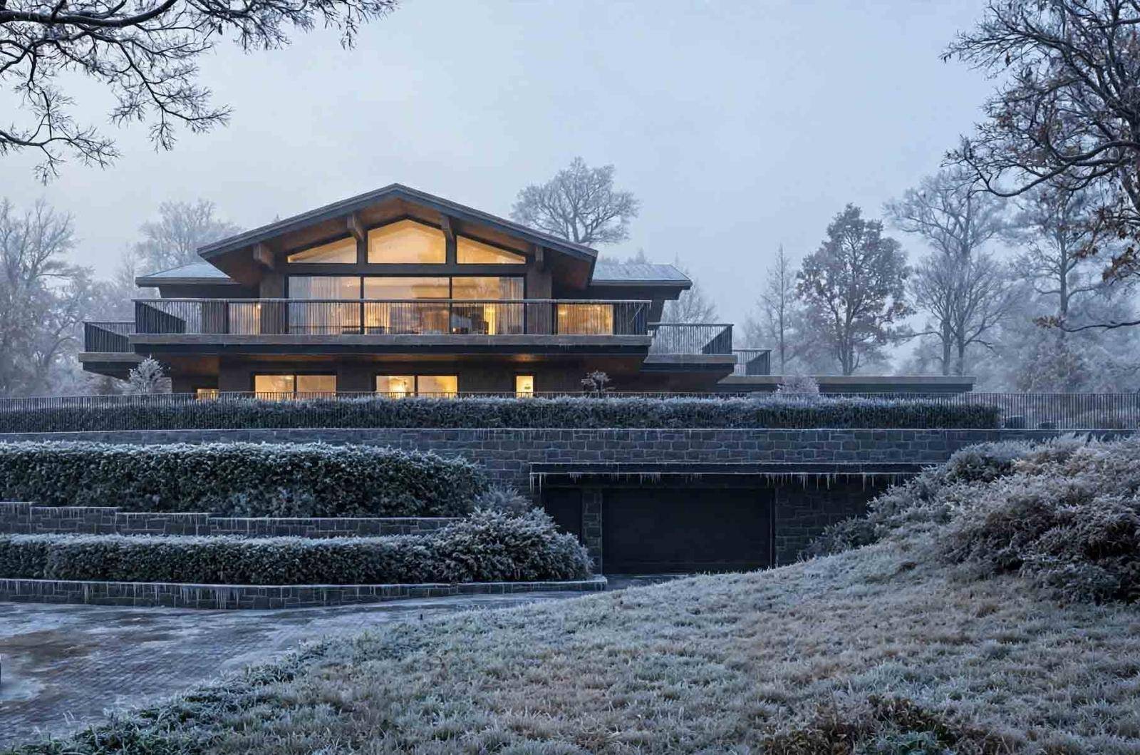 Elegante Villa in verschneiter Umgebung mit integrierter Garage und beleuchteter Auffahrt.