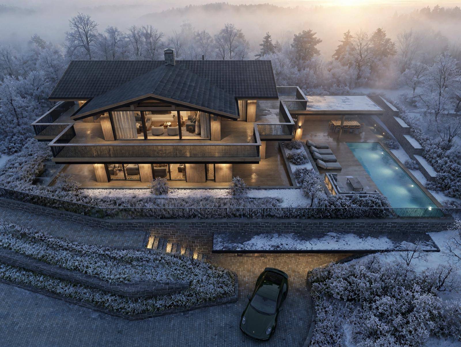 Luxuriöse Villa in winterlicher Landschaft mit Außenpool und weitläufigen Terrassen.
