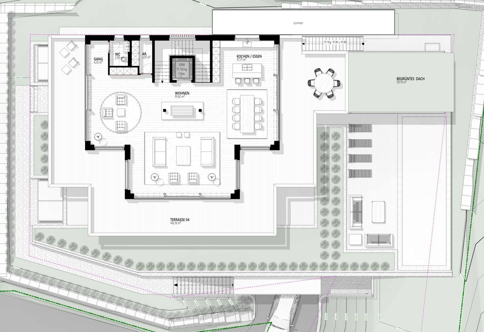 Grundriss des Hauptwohngeschosses mit offenem Wohn-Essbereich und großer Terrasse.