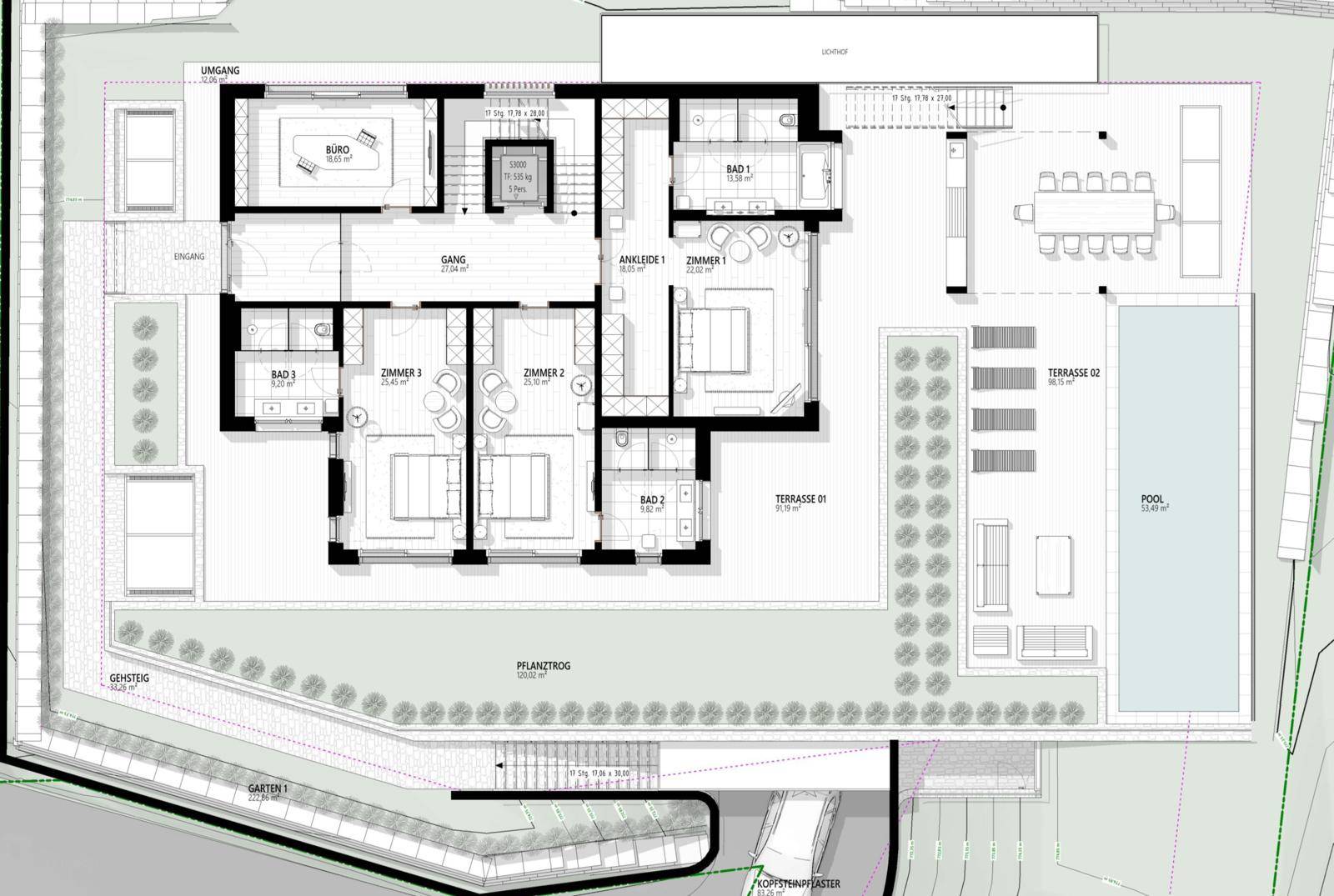 Grundriss des Obergeschosses mit mehreren Schlafzimmern, Bädern und Poolbereich.