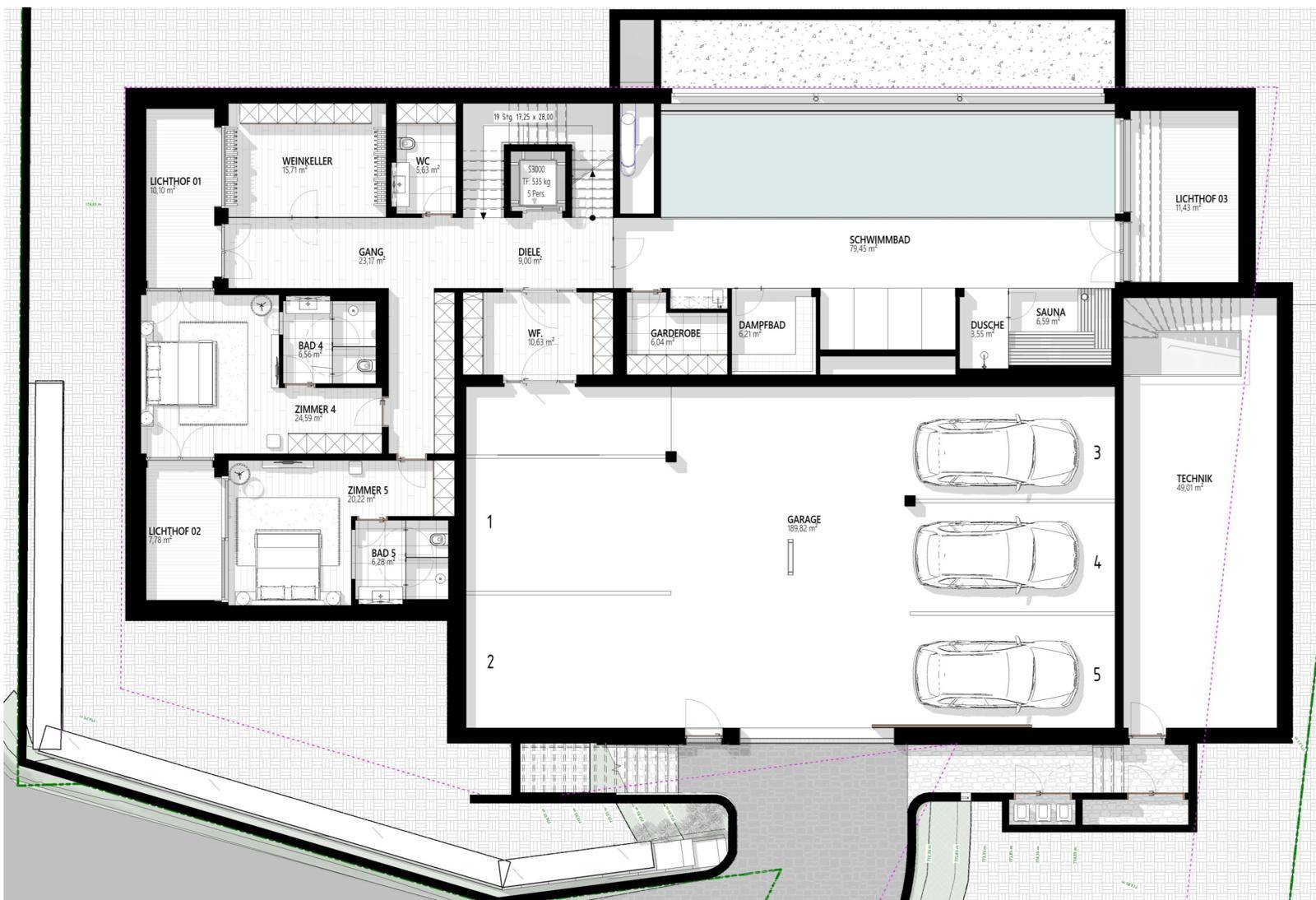 Grundriss des Untergeschosses mit Garage, Wellnessbereich, Weinkeller und weiteren Zimmern.